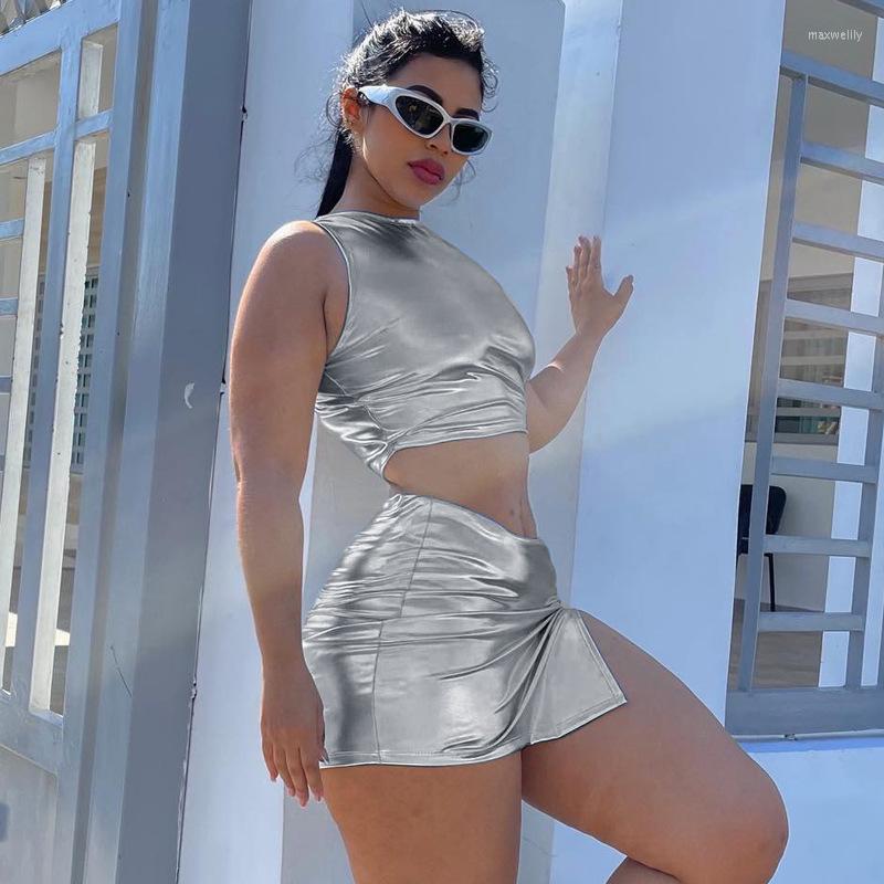 

Work Dresses European And American Women' Nightclub Style Solid Color Short Vest Sexy Buttock Skirt Two-Piece Suit, Silver