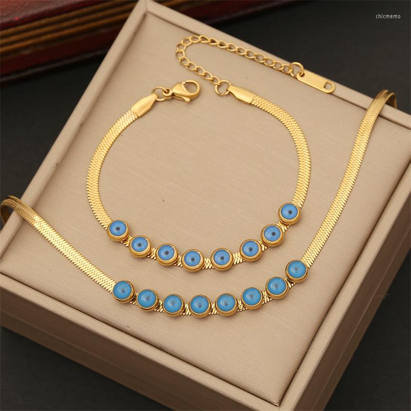 

Necklace Earrings Set 316L Stainless Steel Fashion Fine Jewelry Welded Round Stone's Eyes Charm Chain Choker Necklaces Bracelets Earring, Picture shown