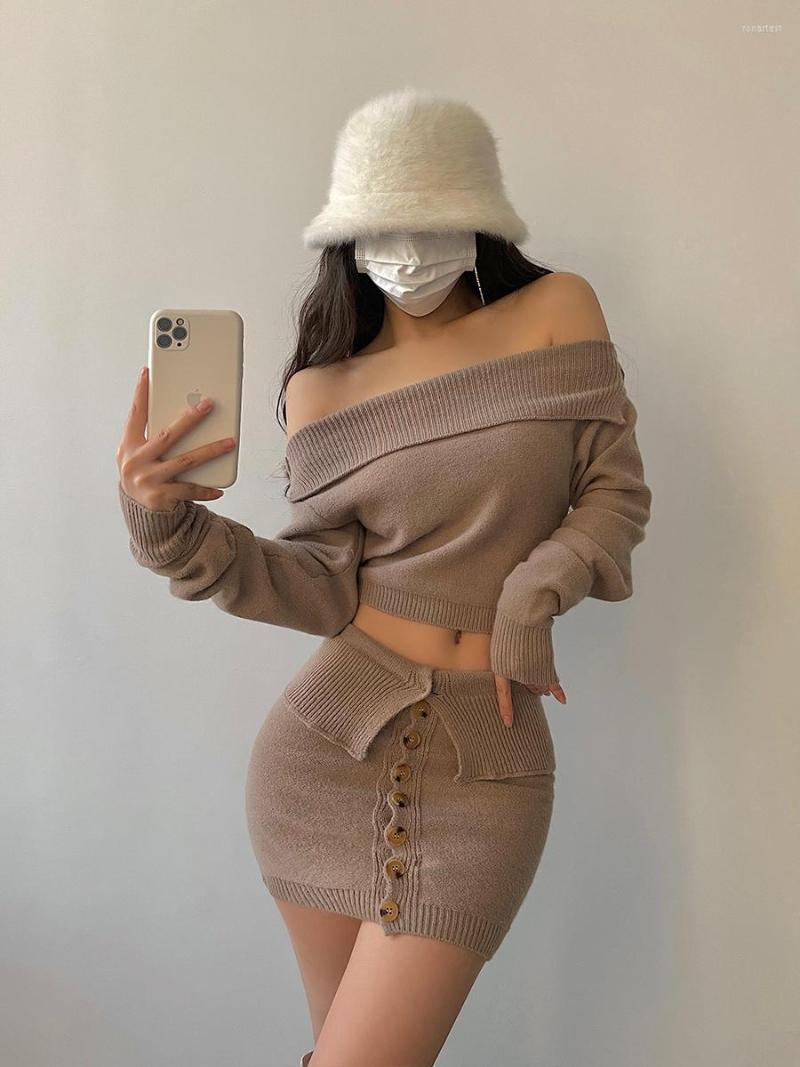 

Casual Dresses Girl Sexy Off Shoulder Long Sleeve Short Top Single Breasted Mini Dress Knit Knitting Sweater Korean M425, Half skirt khaki