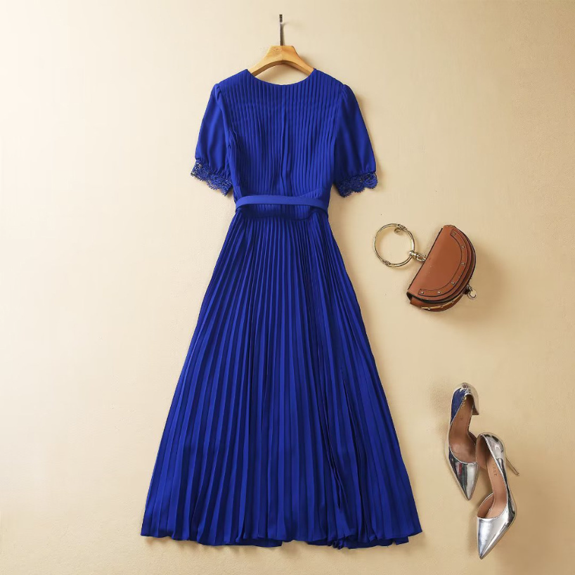 

Summer Red Solid Color Belted Chiffon Dress Blue Short Sleeve V-Neck Pleated Midi Casual Dresses A3A101512