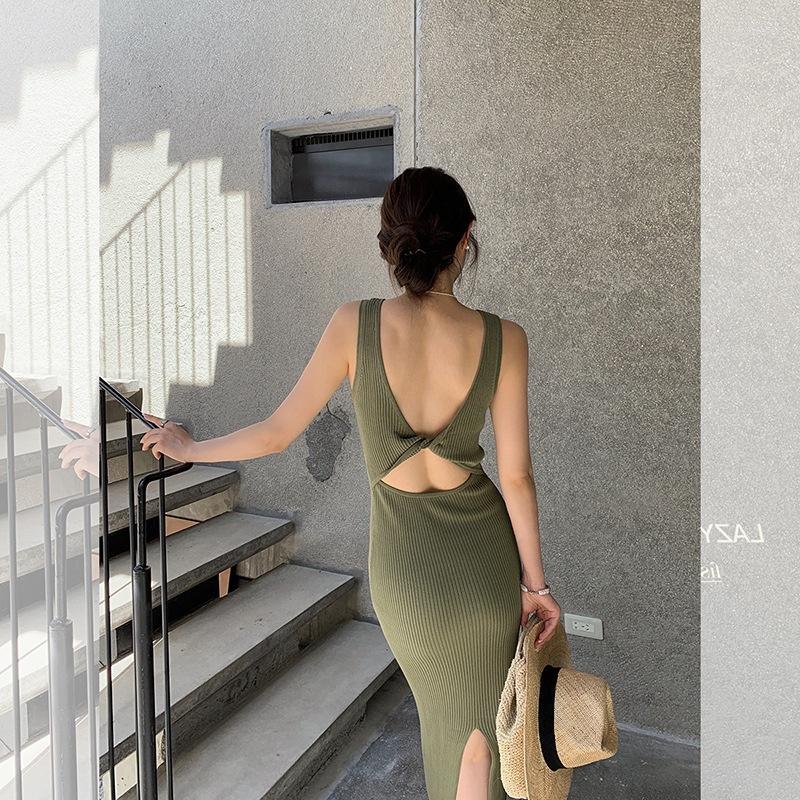 

Casual Dresses Sexy Split Knitted Twisted Hollow Slim Bag Hip Black Dress Korean Elegant Sheath Long Summer 2-Sided Sundress P582