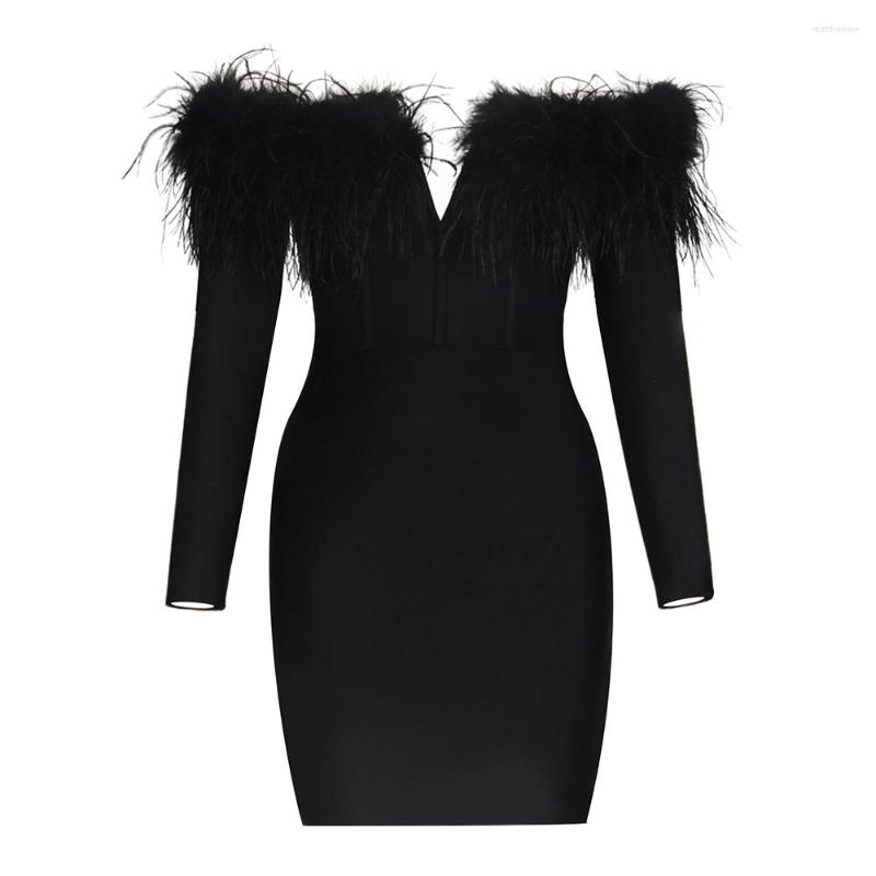 

Work Dresses Fu Rui 2023 Spring/Summer Sexy Slim Fit Off Shoulder Feather Deep V Long Sleeve High Waist Bandage Dress, Black