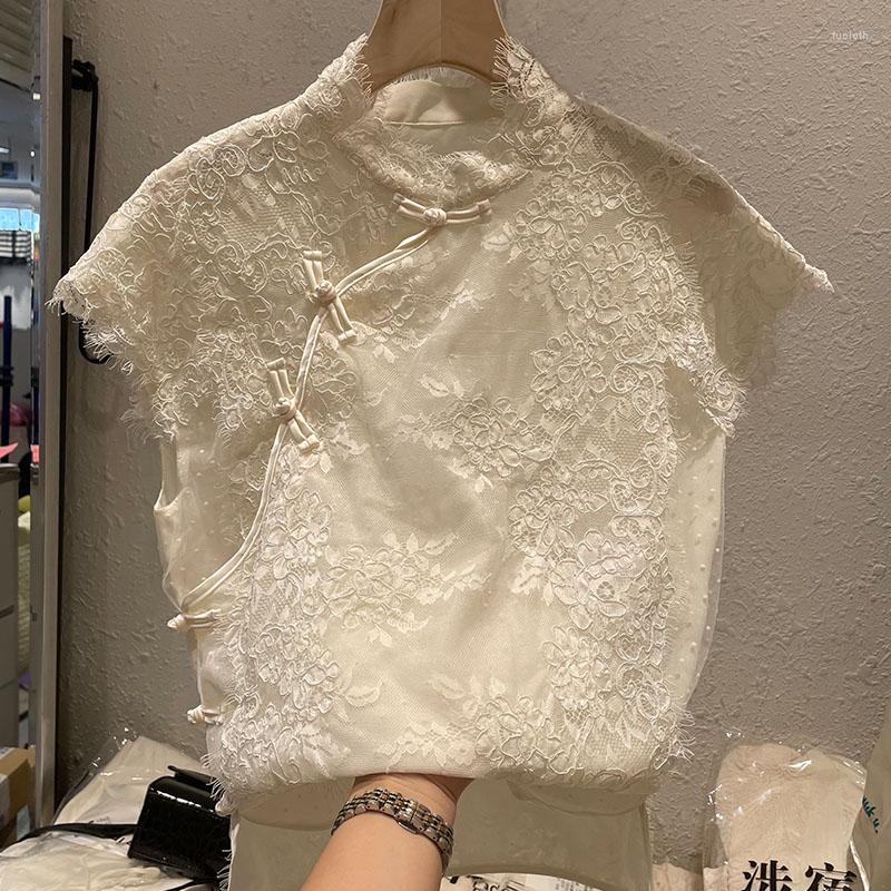

Women's Blouses High Quality European Summer Vintage Embroidery Lace Plate Buckle Slim Standing Collar Sleeveless Shirt Blouse Top Women, Beige