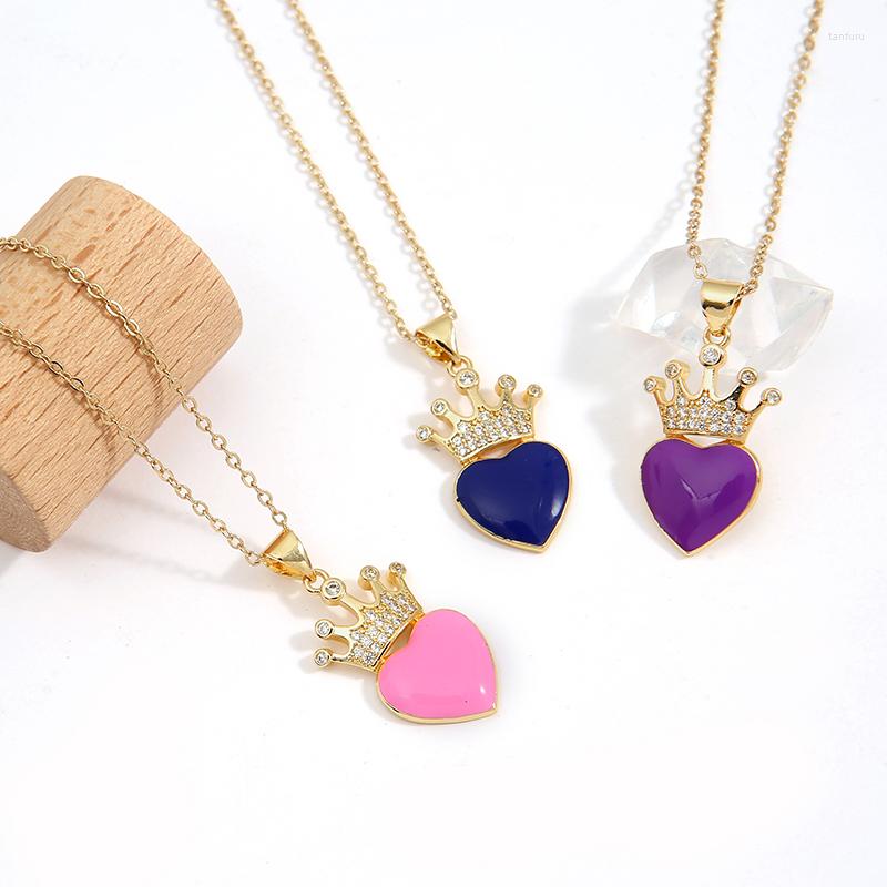 

Pendant Necklaces Enamel Love Heart Chain Pendants Women Micro Pave CZ Cubic Crown Colorful Fashion Jewlery Gift