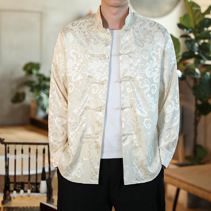 

Ethnic Clothing Men White Satin Mandarin Collar Silk Shirts Chinese Dress Shirt Large Size With Dragon Red Year Clothes Oversize