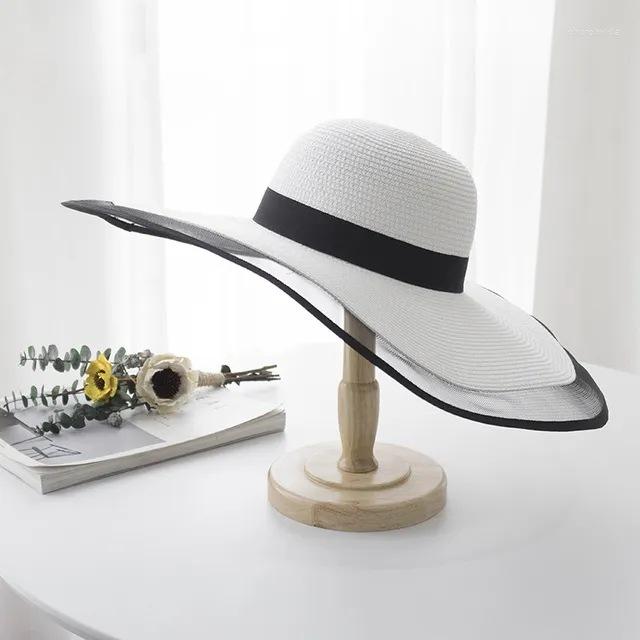 

Berets For Women UV Protection Floppy Beach Hats Ladies Bow Hat Chapeau Femme Summer Wide Brim Straw Big Sun, White