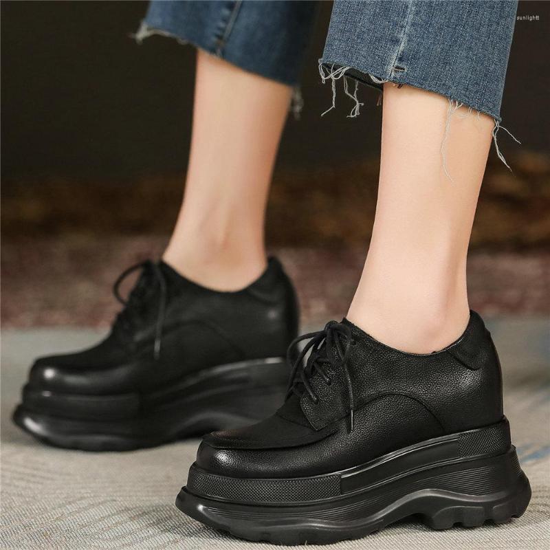 

Dress Shoes Punk Creepers Women Lace Up Genuine Leather Wedges High Heel Pumps Female Chunky Platform Fashion Sneakers Casual, Black