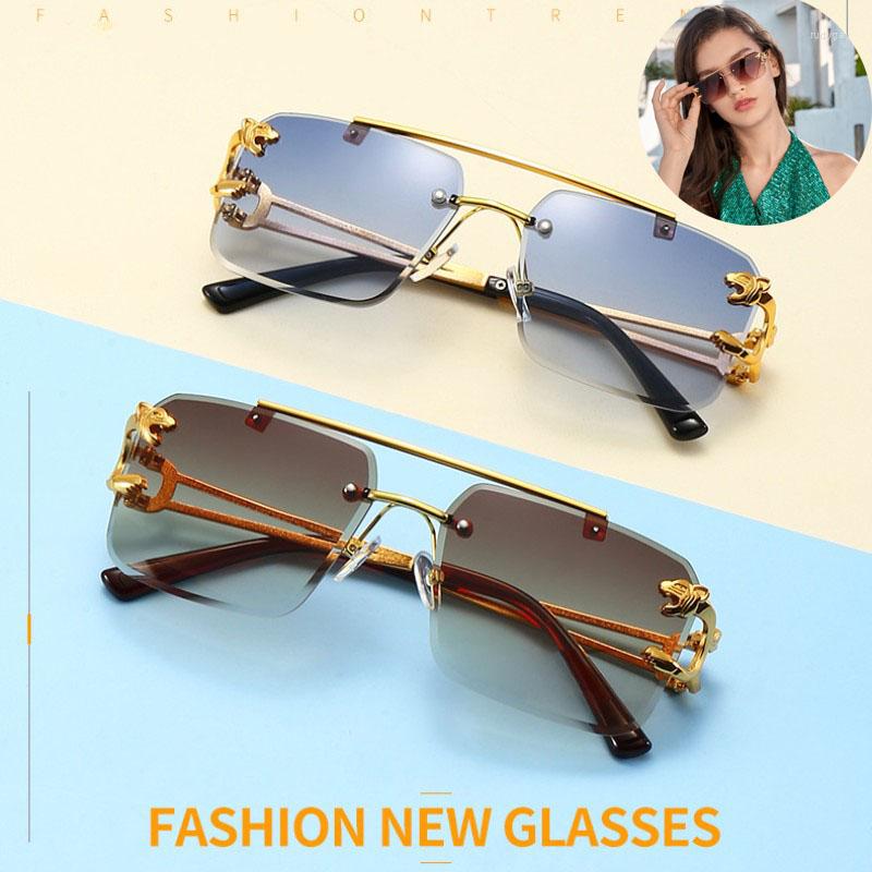 

Sunglasses Women's Fashion Leopard Retro Double Beam Rimless Ladies Stylish Gradient Ocean Film Shades UV400 Eyewear