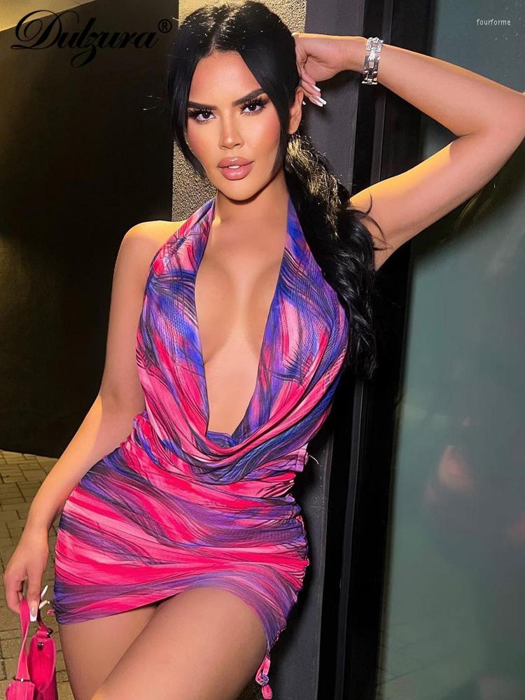 

Casual Dresses Dulzura Lace Up Tie Dye Print Halter Mini Dress Drawstring Ruched V Neck Outfit Y2K Clothes Streetwear Party Club Beach 2023, Rose red