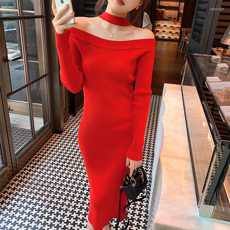 

Casual Dresses Autumn Winter Women' Elegant Red Sexy Slash Neck Long Sleeve Knitting Dress Bodycon Party Club, Black