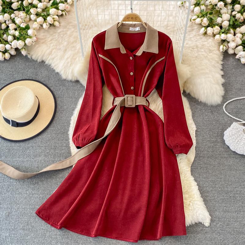 

Casual Dresses Vintage Women Dress Color Match Turn-down Collar Long Sleeve Autumn 2023 French Retro Buttons Belted A-line Corduroy, Black