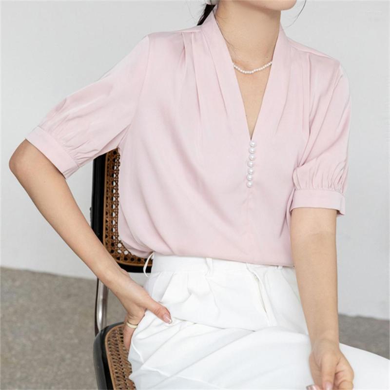 

Women' Blouses Alien Kitty Work Wear Women Gentle V-Neck All Match Solid Normcore Office Lady 2023 Elegant Summer Chic Loose Blusas, Pink