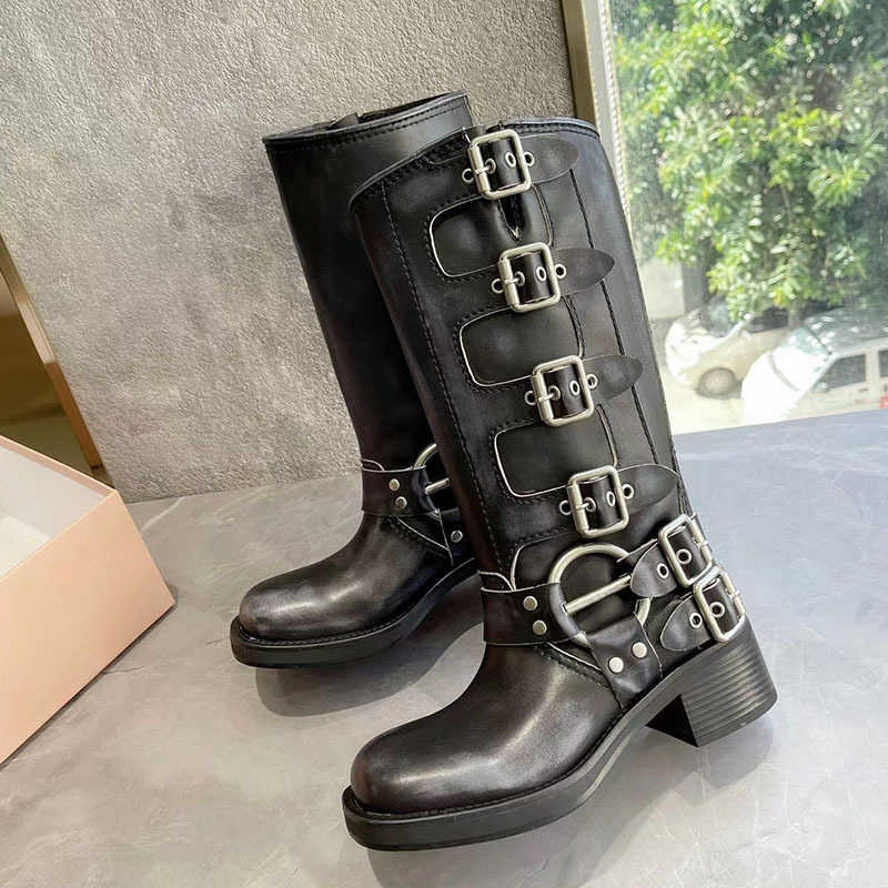 Boots Platform Chunky Motorcycle Cowboy Boots For Women Brand Designer Buckle Vintage Fashion Casual Mid Calf Boots Shoes Z0605-image-873835055