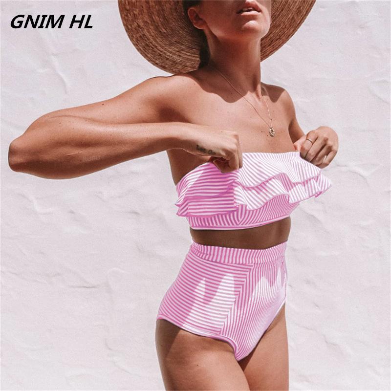 

Women's Swimwear GNIM High Waist Stripe Bikini Women Ruffle Swimsuit Set Brazilian 2023 Summer Beachwear Bathing Suit Biquini, Yx 9167 blue stripe