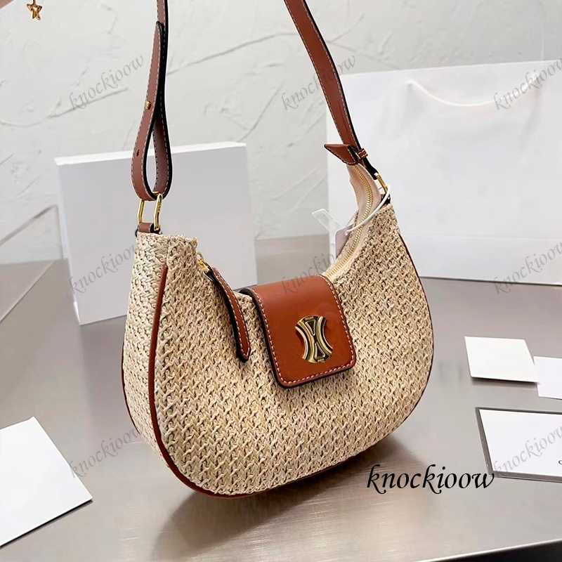 

women raffia woven shoulder bag designer bag gold metal buckle logo decoration straw leather with more fashionable light crossbody bag purse 230605, Black