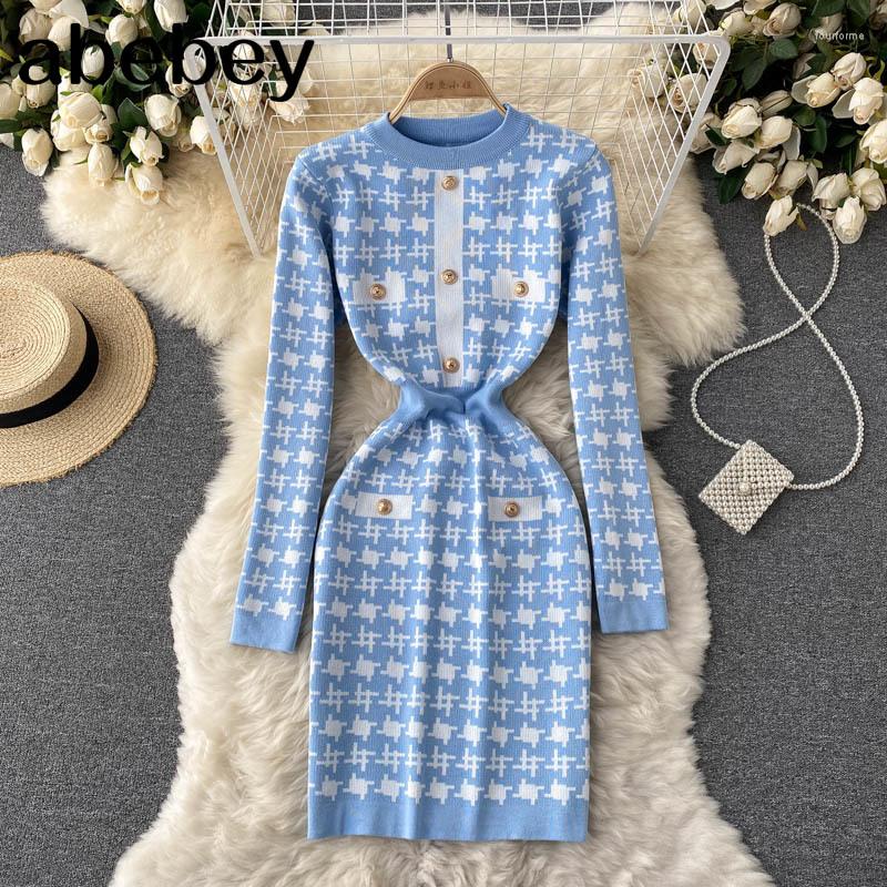 

Casual Dresses Retro Houndstooth Plaid Knitted Dress Women Long Sleeve Elastic Slim Pencil Autumn Winter Bodycon Sweater, Black