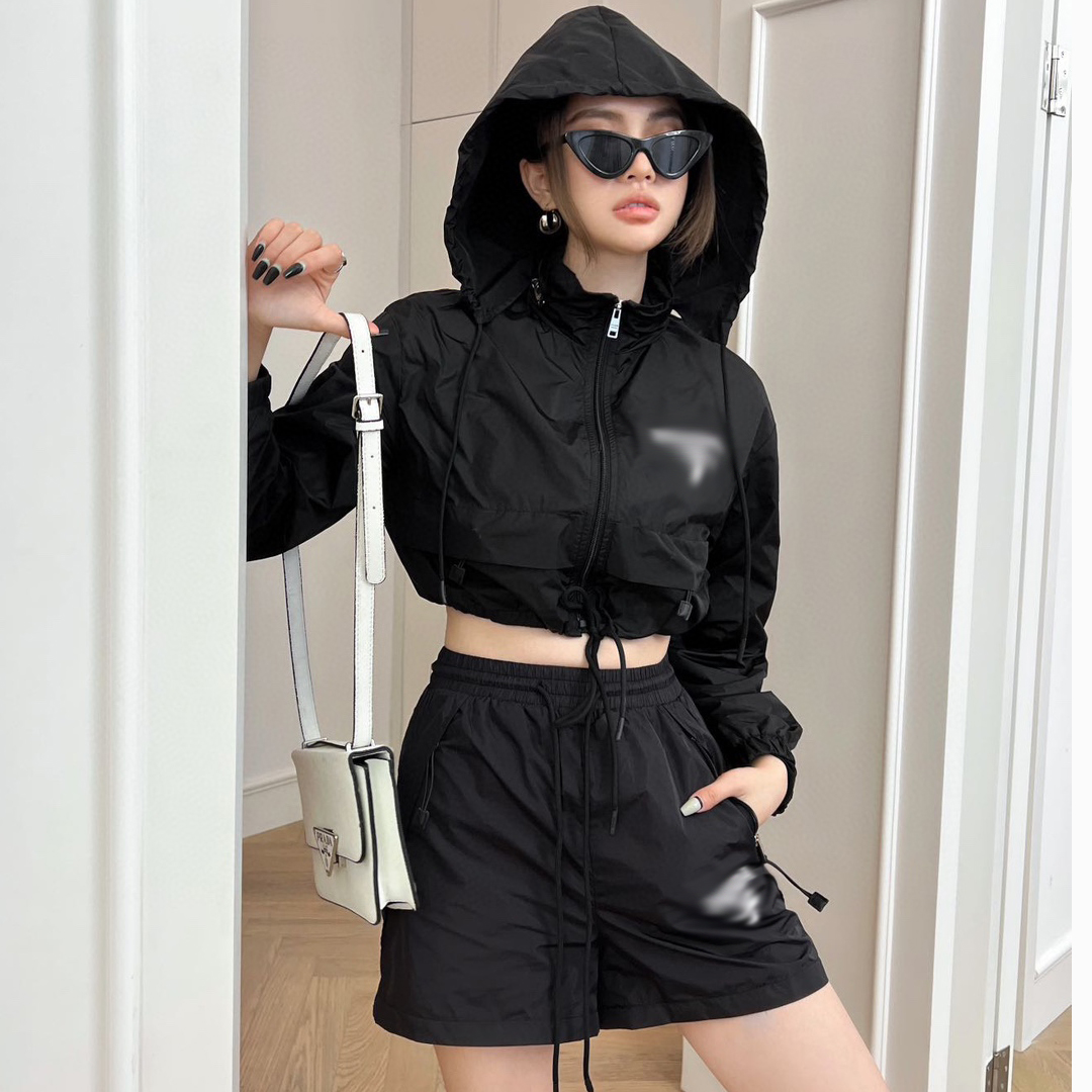 

Womens Tracksuits Skirt Set Classic nylon red letter short top high waist pants versatile suit, Black