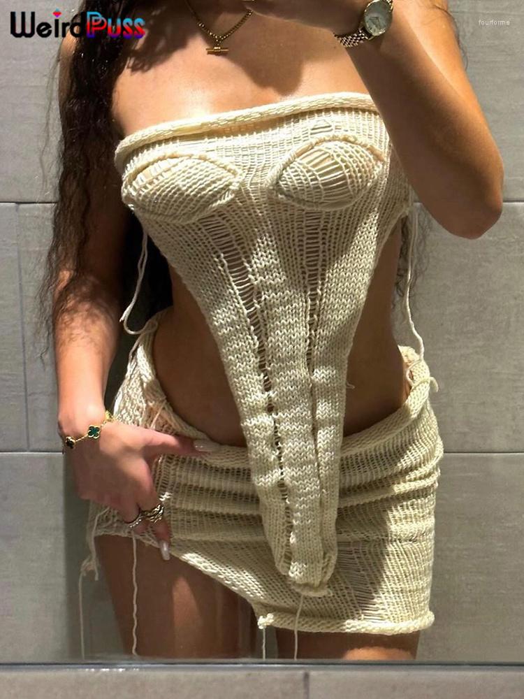 

Work Dresses Weird Puss Crochet Sexy Women 2Piece Set Sleeveless Irregular Tube Tops Tassel Skinny Low Neck Skirt Clubwear Matching Outfits, Sk1