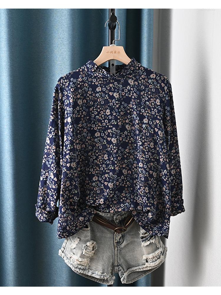 

Women's Blouses Lamtrip Retro Ruffled Collar Flowers Print Long Sleeve Cotton Yarn Shirt Women Blouse 2023, Blue