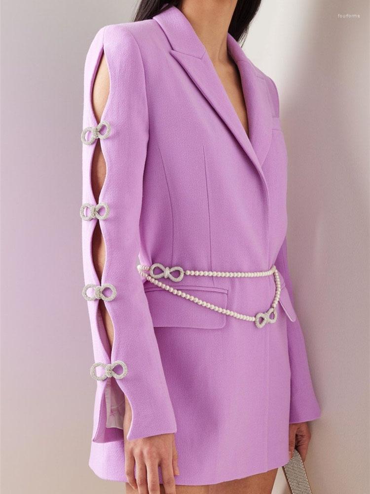 

Casual Dresses HIGH STREET Est 2023 Designer Stylish Fashion Women Pearls Chain Diamonds Beaded Hollow Out Bow Sleeve Blazer Dress, Lavender