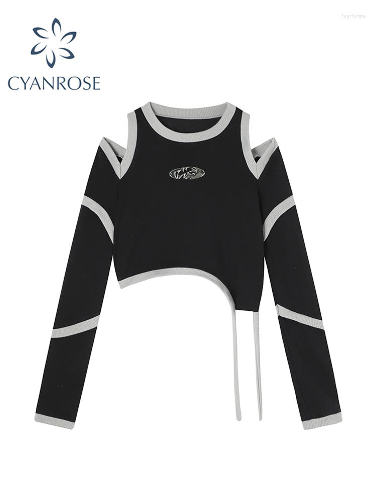 

Women' T Shirts Chic Shirt Korea Style Black Crop Top Y2K Harajuku Hollow Out Tees Clothes Fashion Vintage Streetwear