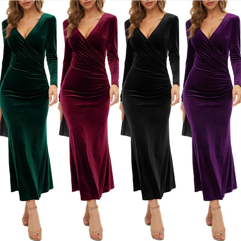 

Casual Dresses Velvet Wrap Buttocks Skirt Sexy V-neck Slim Fitting Elegant Cocktail Party Fishtail Dress Evening Long Sleeves Office Lady, Dark red