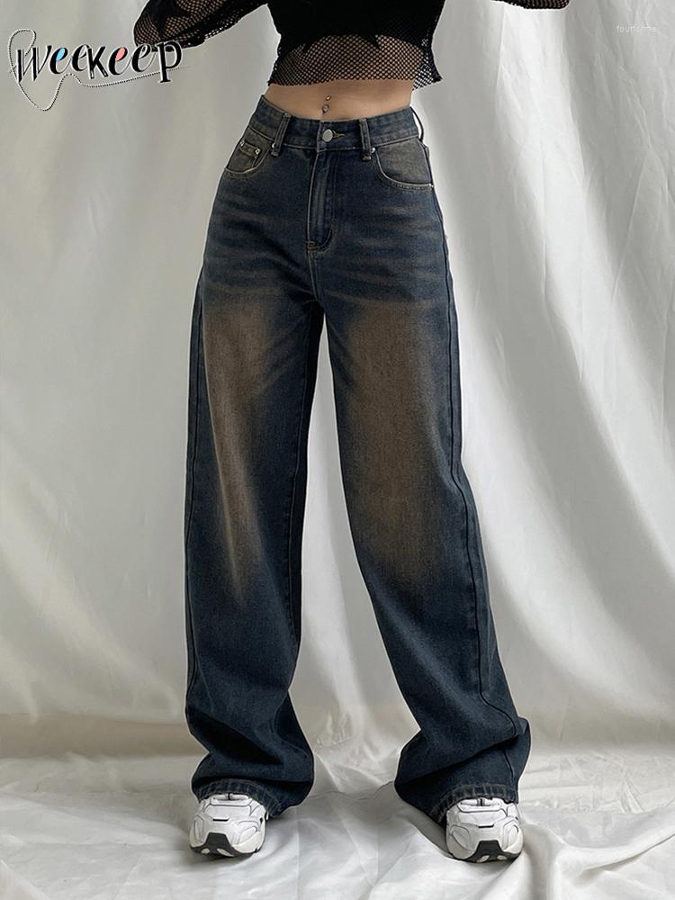 

Women' Jeans Weekeep Grunge Baggy Y2k Vintage Streetwear Low Rise Straight Denim Pants Casual Trousers Harajuku Korean Fashion, Blue