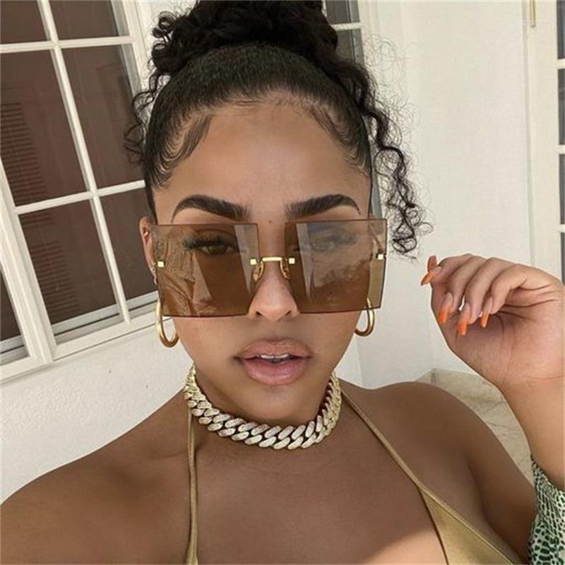 

Sunglasses Big Vintage Designer Square Oversized Eyewear Brown Shades Glasses Rimless Women Men
