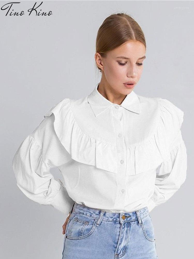 

Women' Blouses Cotton Ruffles Women Casual Shirts Turn-down Collar Loose Simple All-match Long Sleeves Ladies Shirt 2023 Spring Solid Tops, White