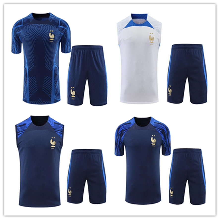 

22 23 French short sleeve tracksuit Sportswear men training suit soccer Jersey kit uniform 2023 MBAPPE BENZEMA mens sleeveless vest adult football tracksuits sets