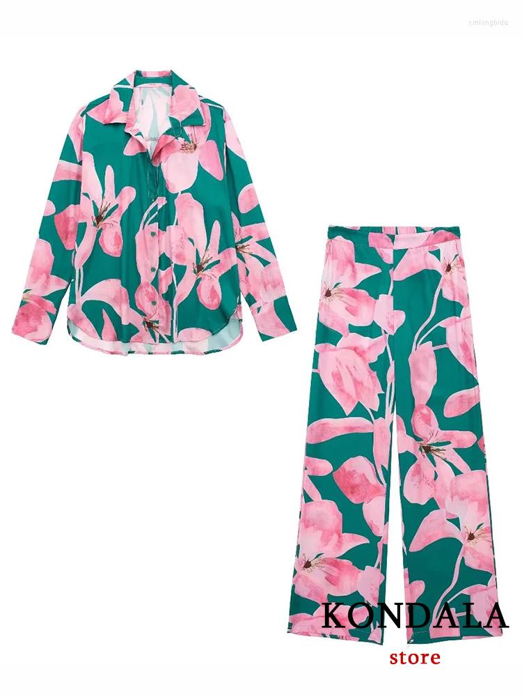 

Women's Two Piece Pants KONDALA Vintage Flower Print Wome Suit V Neck Single Breasted Loose Shirts Straight Long Fashion 2023 Summer Holiday