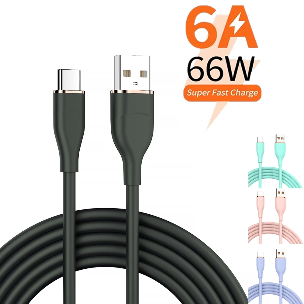 

6A 66W Fast Charging USB C Cable Liquid Silicone Type C Data Cord For Xiaomi Mi 12 11 Samsung S22 Huawei P50 POCO F4 M5 Oneplus, Black