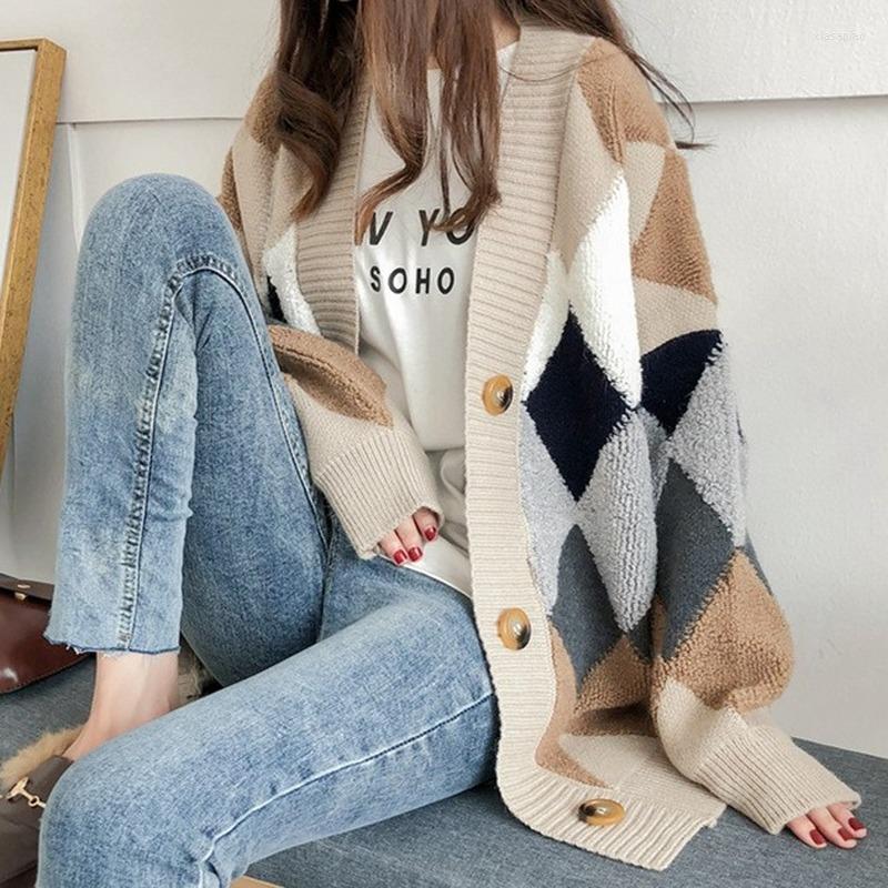 

Women's Jackets 2023 Spring Fashion Trend Women's Sweater Plaid V-neck Cardigan Button Puff Sleeve Oversized Top, Khaki