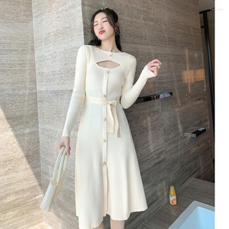 

Casual Dresses Designer Hollow Out Slim Sweater Dress For Women Temperament Single Breasted Pearl Buckle Elegant Ladies Autumn Knitting, Picture color1