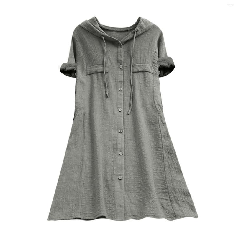

Party Dresses Fashion Women's Cotton And Linen Fake Pocket Drawstring Short Sleeve Dress 2023 Summer Elegant Evening, Gray