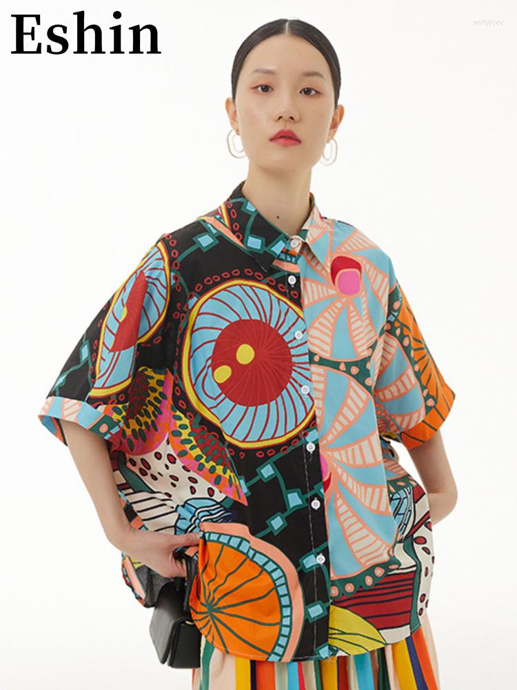

Women's Blouses Eshin Turn Down Neck Short Sleeve Single Breasted Printing Shirt For Women 2023 Summer Fashion Female Blouse Clothing TH2081, Black