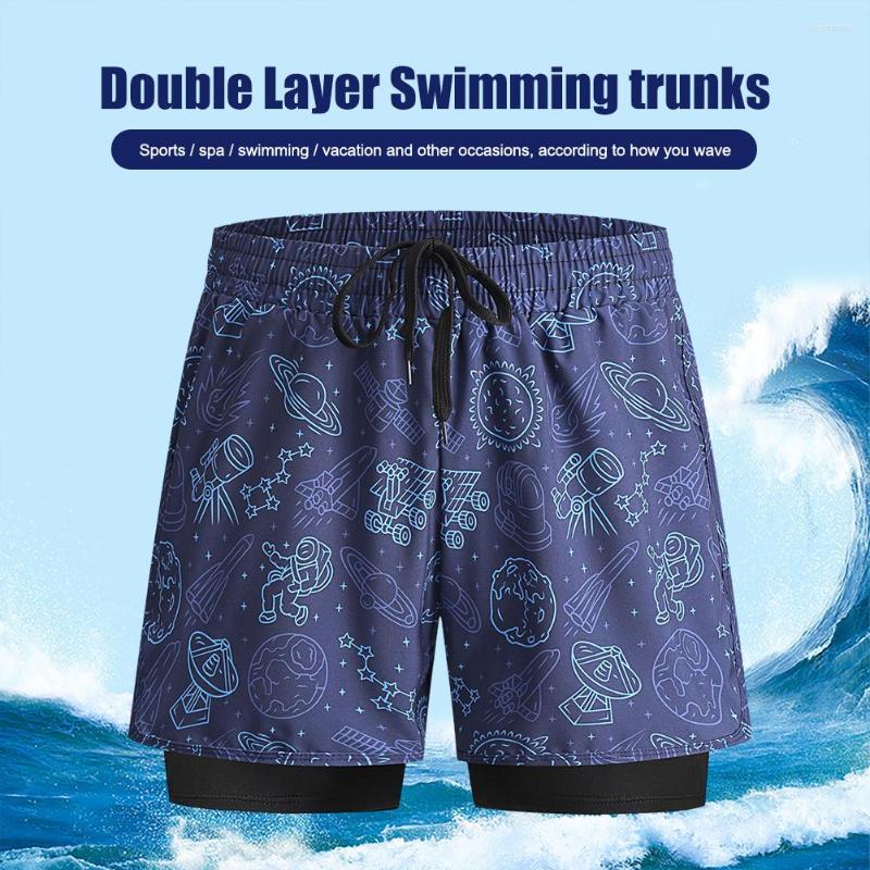 

Men's Swimwear Men Swimsuit Shorts Double-layer Swim Boxer Brief Quick Dry Stretch Waist Lace Up Comfortable Liner Fitness Sportswear, Blue