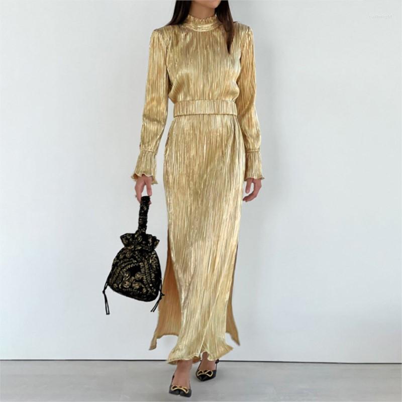 

Casual Dresses Women' Dress 2023 Collection Waist Slit Stand Collar Flared Sleeves Temperament Commuting Pleated, Gold