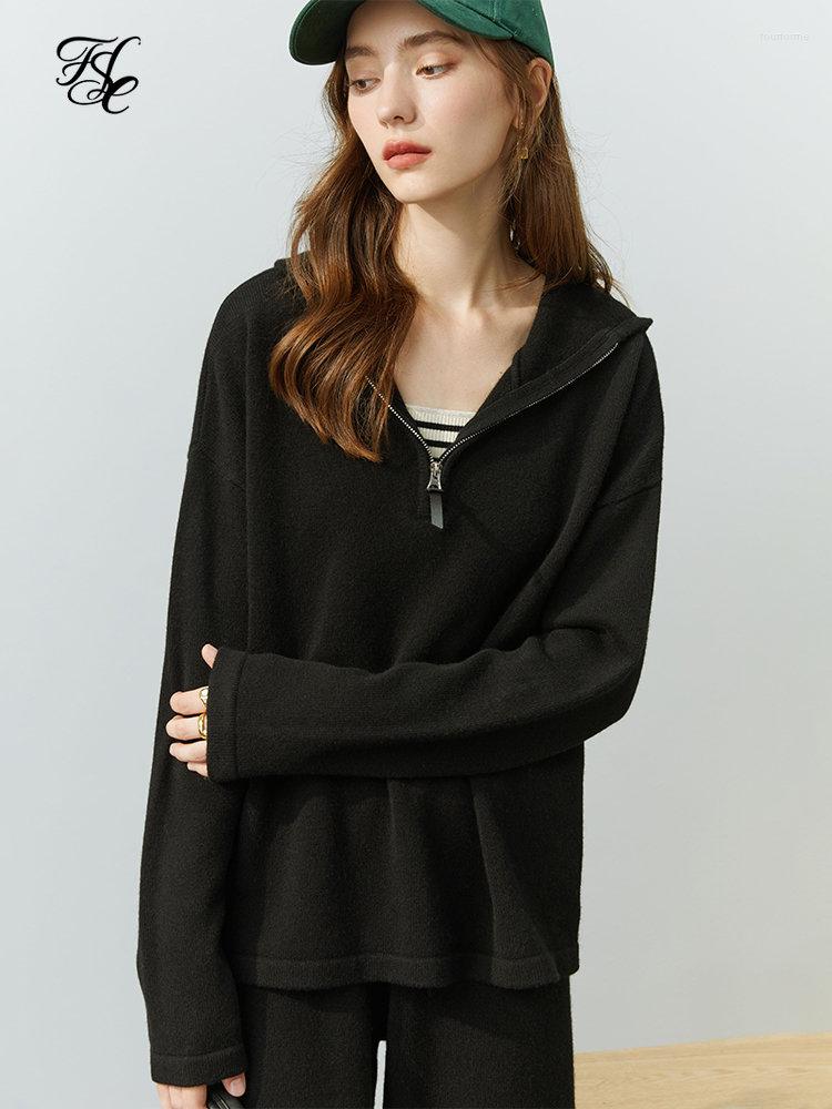 

Women's Two Piece Pants FSLE 93.6% Wool 6.4% Cashmere Women Winter Woolen Suit Black Warm Knitwear Casual Set Hooded Jacket, Pant