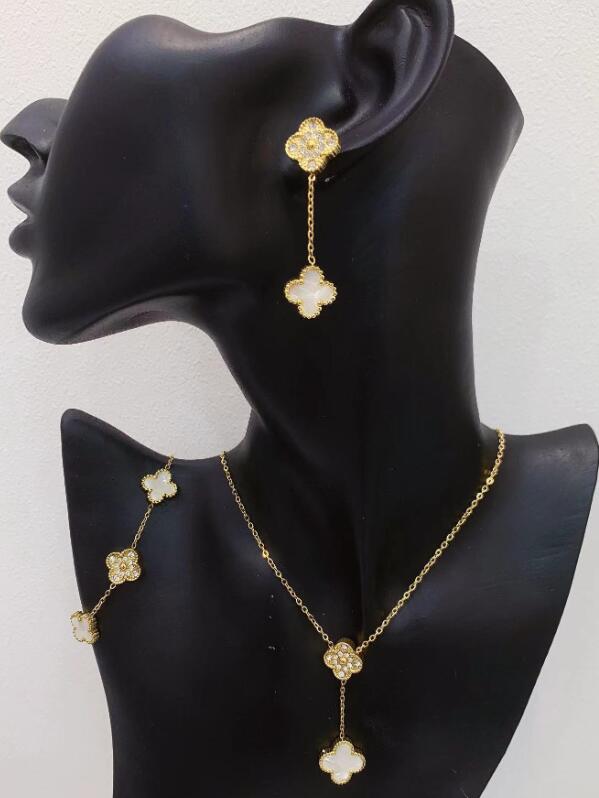 

10color 4 Four Leaf Clover Luxury Designer Jewelry Sets Shell Titanium Steel Women Bracelet Earrings Necklace Valentine's Day Birthday Gift, #1