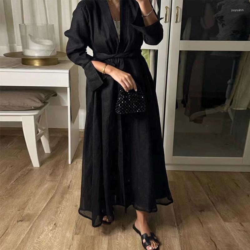 

Casual Dresses Female Elegant Cotton Linen Party Dress Fashion Long-Sleeved Slit Suit Collar Cardigan Coat Solid Women Belted Long, 04
