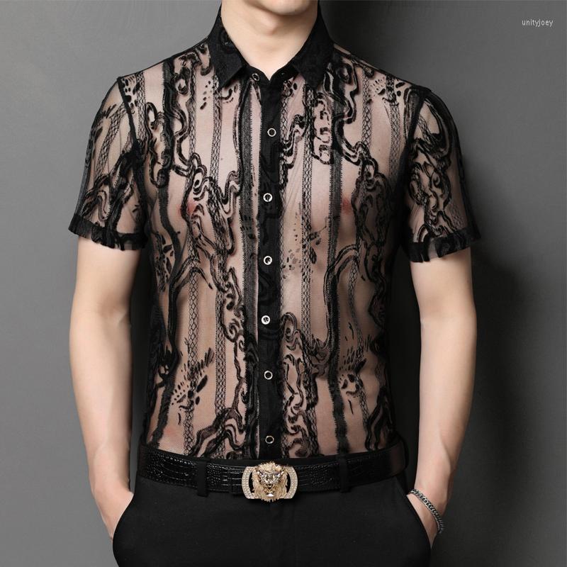 

Men's Casual Shirts Transparent Mesh Striped Shirt Mens Designer Clothes Short Sleeve Summer High Quality Hollow Breathable Camisas De, Picture shown