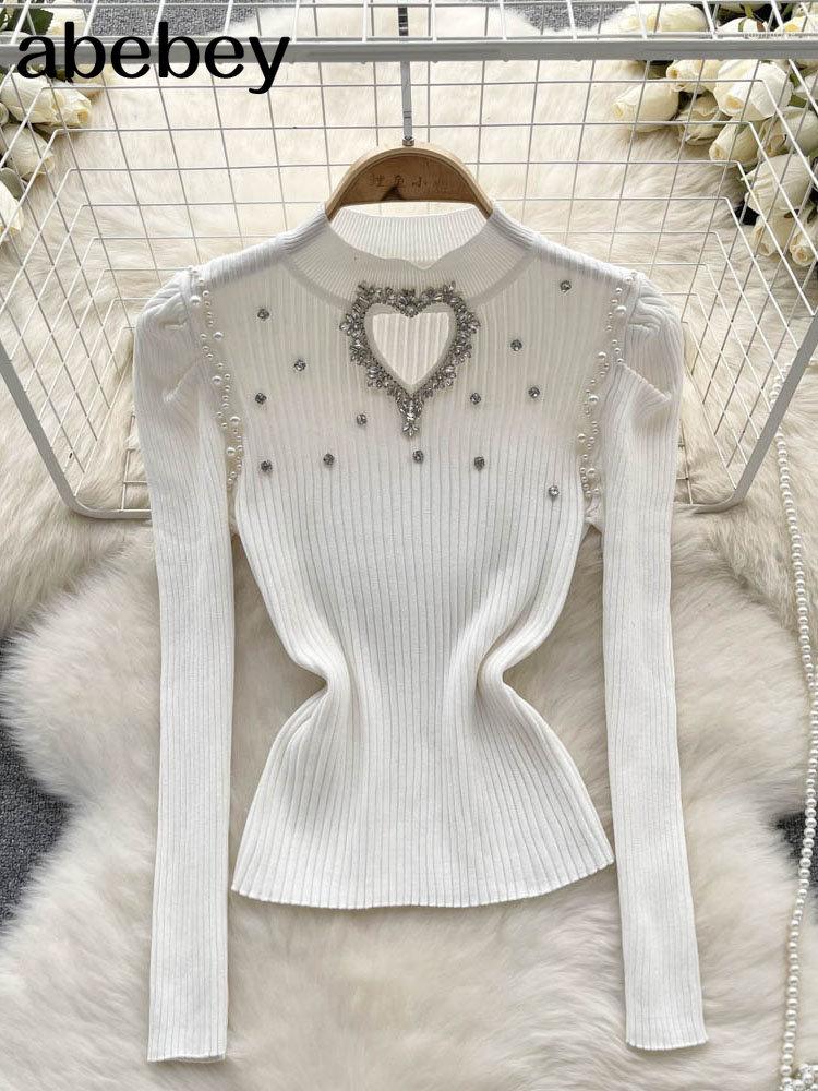 

Women's Sweaters Winter Elegant Diamond Pearl Beading Short Pullover Sweater Fashion Elastic Knitted Puff Long Sleeve O-Neck Knitwear, Black