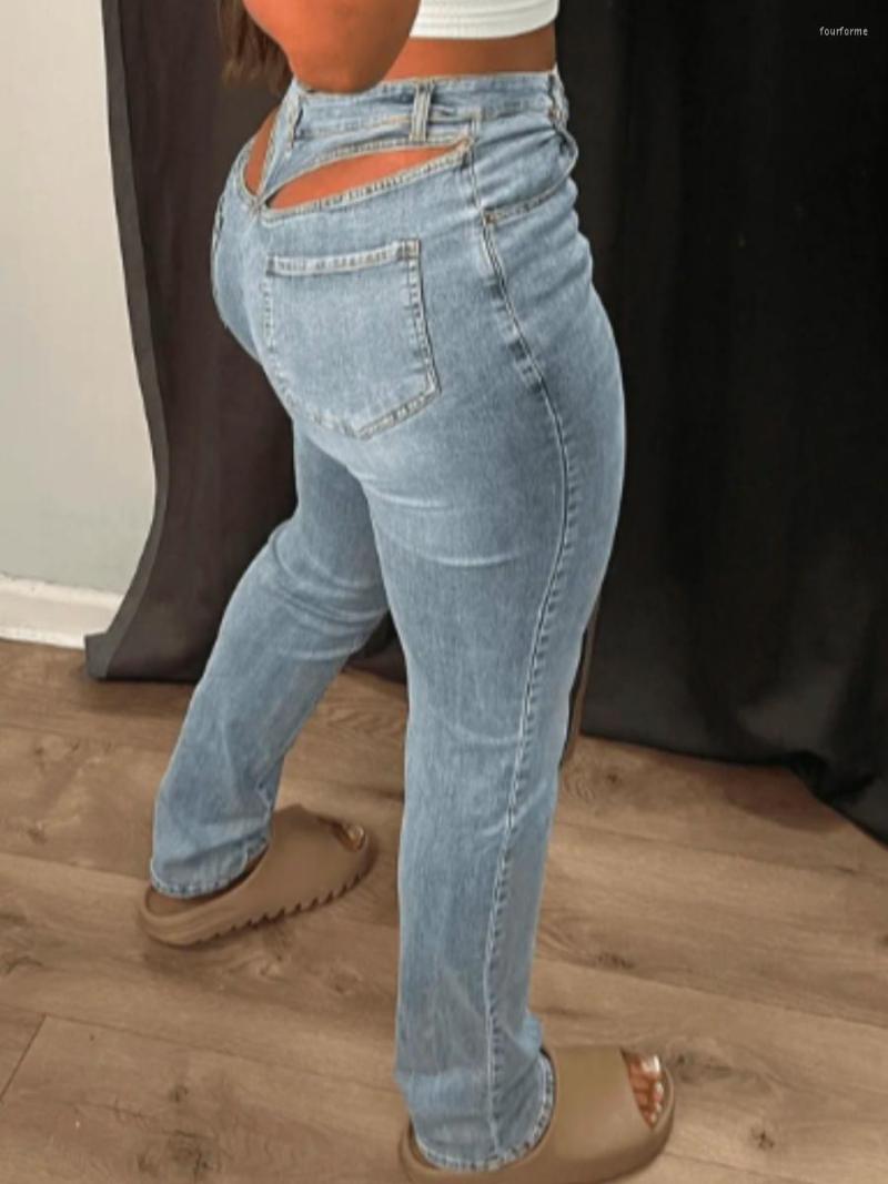 

Women' Jeans LW Mid Waist Cut Out Stretchy Wash Light Blue Back Hollow-out Denim Pants Women Fashion Streetwears Sexy Zipper, Baby blue