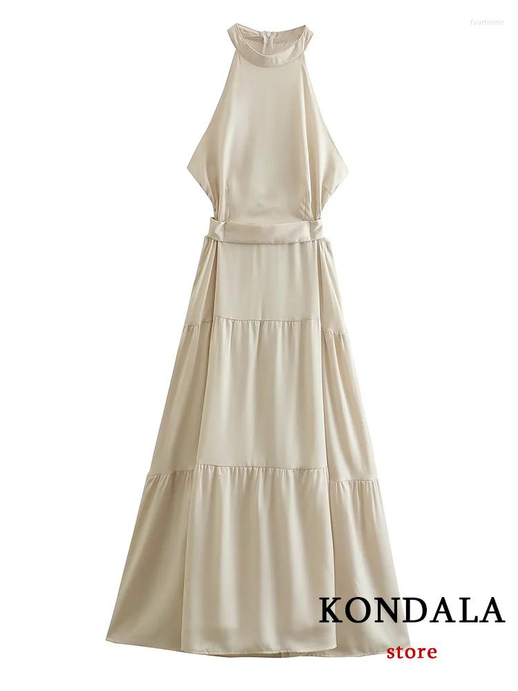 

Casual Dresses KONDALA Vintage Beige Halter Long Party Dress Women Bow Sashes Side Hole Ruffles Fashion 2023 Elegant Mujer Vestidos, As-picture