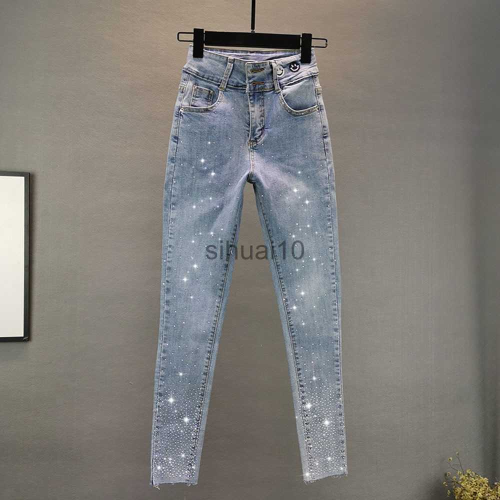 Women&#039;s Jeans Jeans For Women Trendy 2022 Spring Autumn New High Waist Slimming Rhinestone Pencil Pants Street Stretch Skinny Trousers J2306-image-874153978