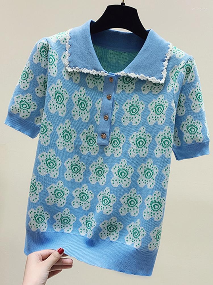 

Women' Sweaters Casual Polo Collar Pullover Printed Knitwear Short Sleeve Loose Top 2023 Korean Fashion Clothing, The picture color