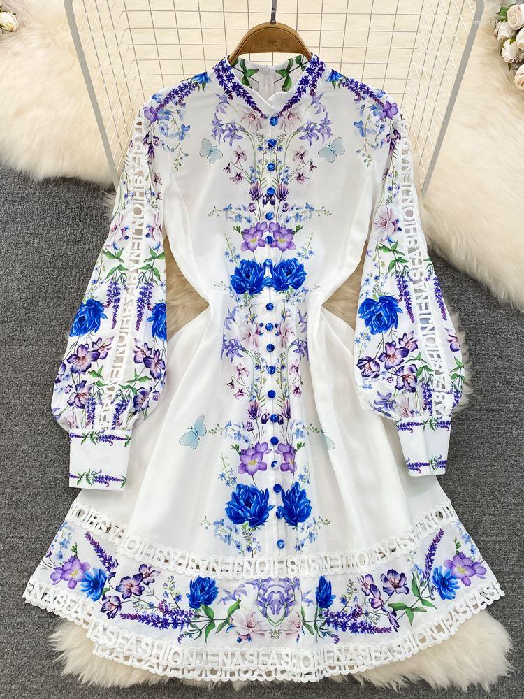 

Casual Dresses 2023 Spring Sweet Hollow Out Letter Embroidery Dress Women's High Collar Long Lantern Sleeve Flower Print Buttons Mini, Picture color