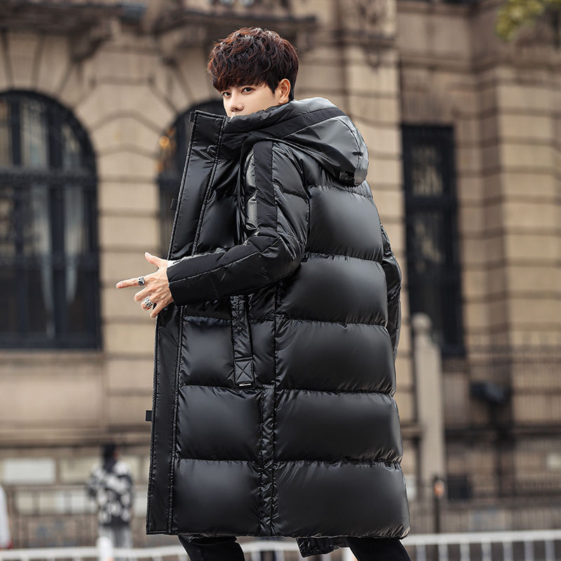 

Brightening white duck down jacket 2023 winter new mid-length over-the-knee thickened men's youth trend coat, Black