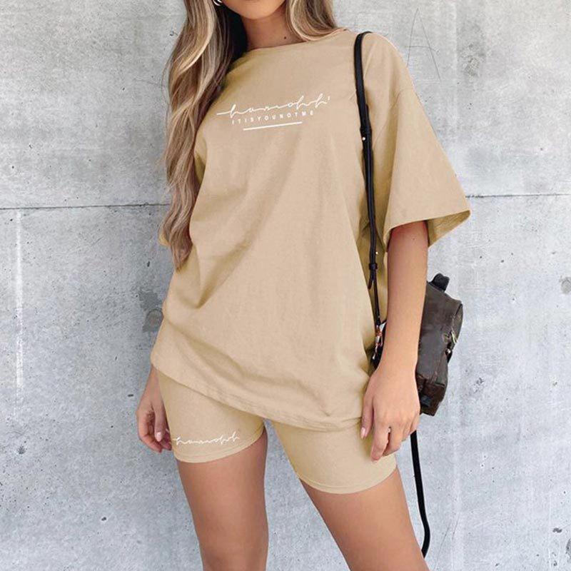 

Women's T Shirts Women Short Sleeve T-Shirt Shorts Two Piece Letter Crew Top Sports Casual Suit Woman Tshirts Graphic, No logo brown